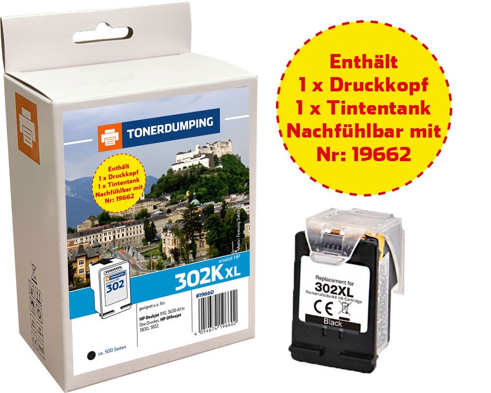 1x Adapter + 1x XL-Tintentank kompatibel mit HP 302XL/ F6U67AE schwarz : [modell] - Marke: Tonerdumping